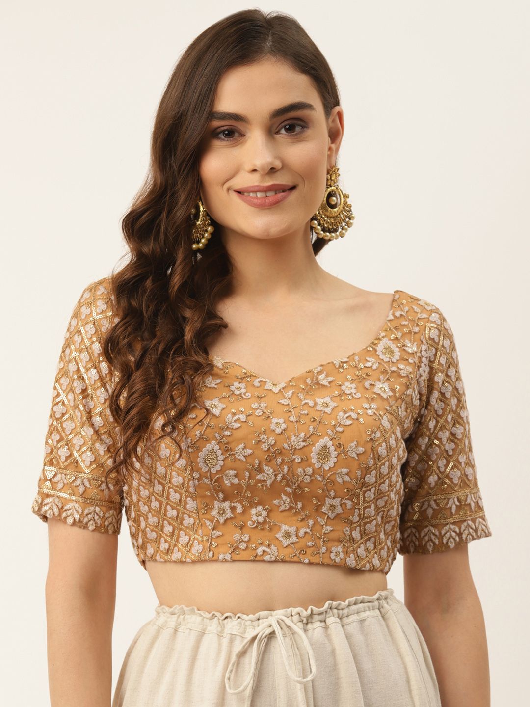 NDS Niharikaa Designer Studio Women Beige & White Sequinned Floral Padded Saree Blouse Price in India