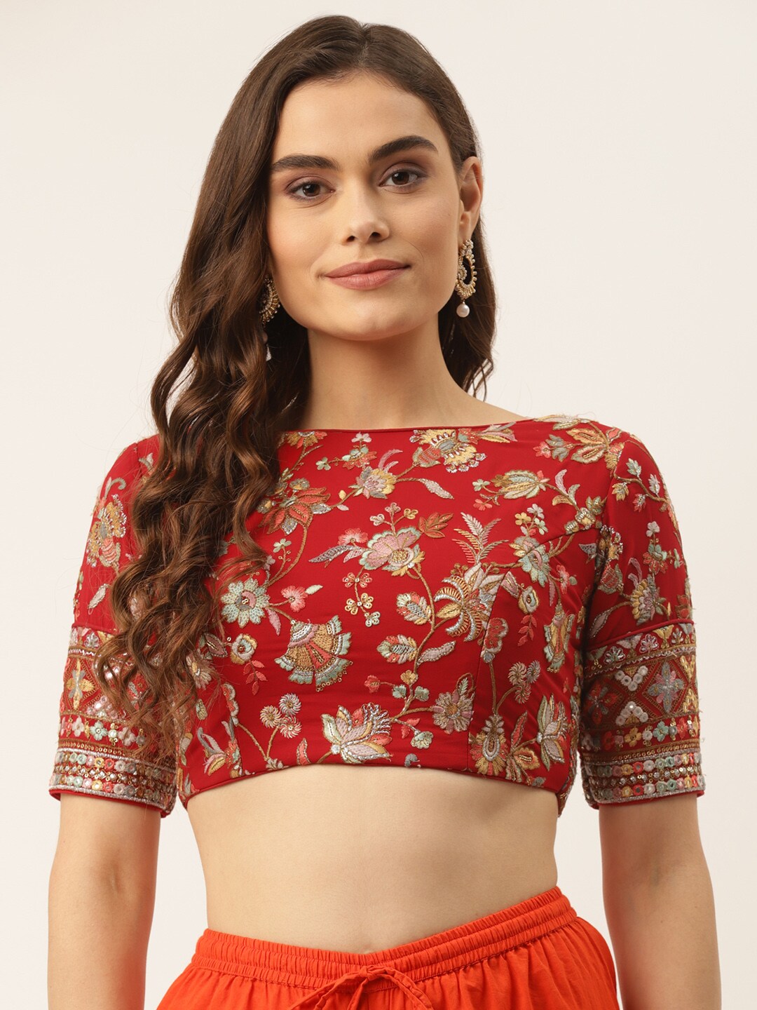 NDS Niharikaa Designer Studio Women Red Ethnic Motif Embroidered Padded Blouse Price in India