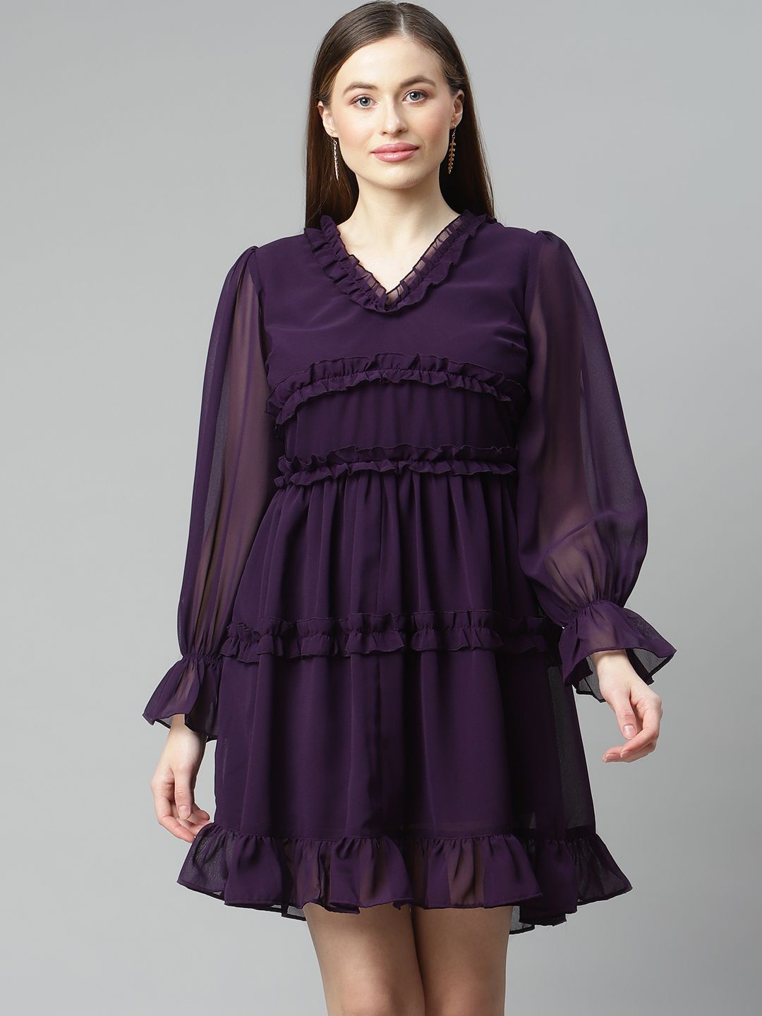 plusS Purple Solid Ruffle Tiered A-Line Dress Price in India