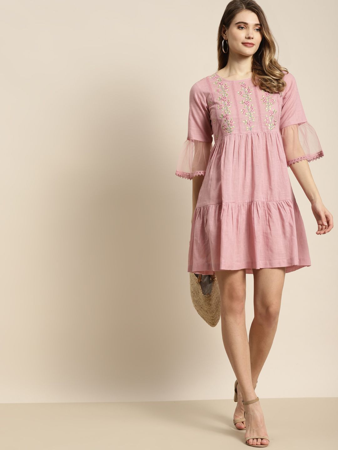 Juniper Blush Pink Yoke Design Floral Embroidered Bell Sleeves Cotton Slub Mini Dress Price in India
