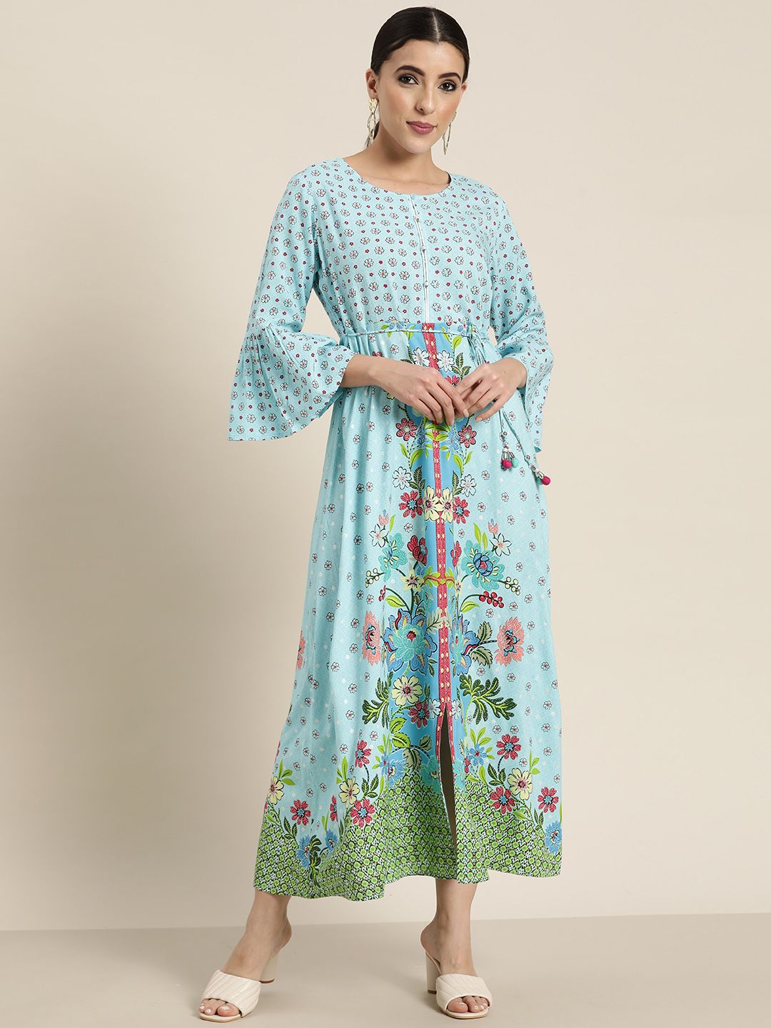 Juniper Women Blue Floral Printed Flared Sleeves A-Line Kurta Price in India