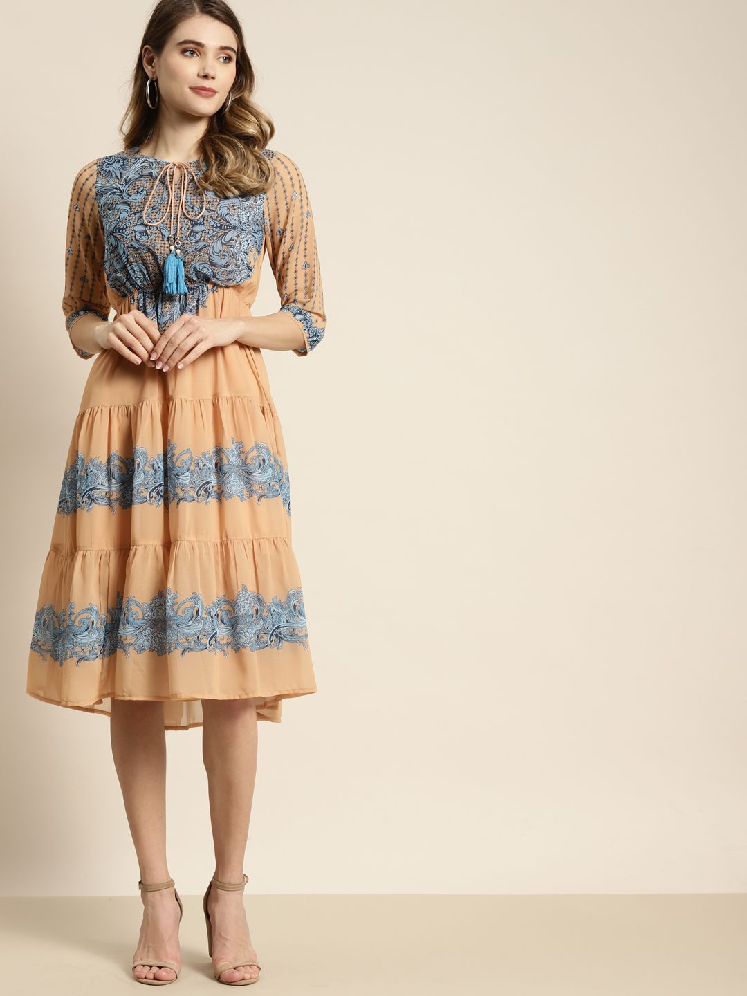 Juniper Peach-Coloured & Teal Blue Ethnic Motifs Tie-Up Neck Tiered Fit & Flare Dress Price in India