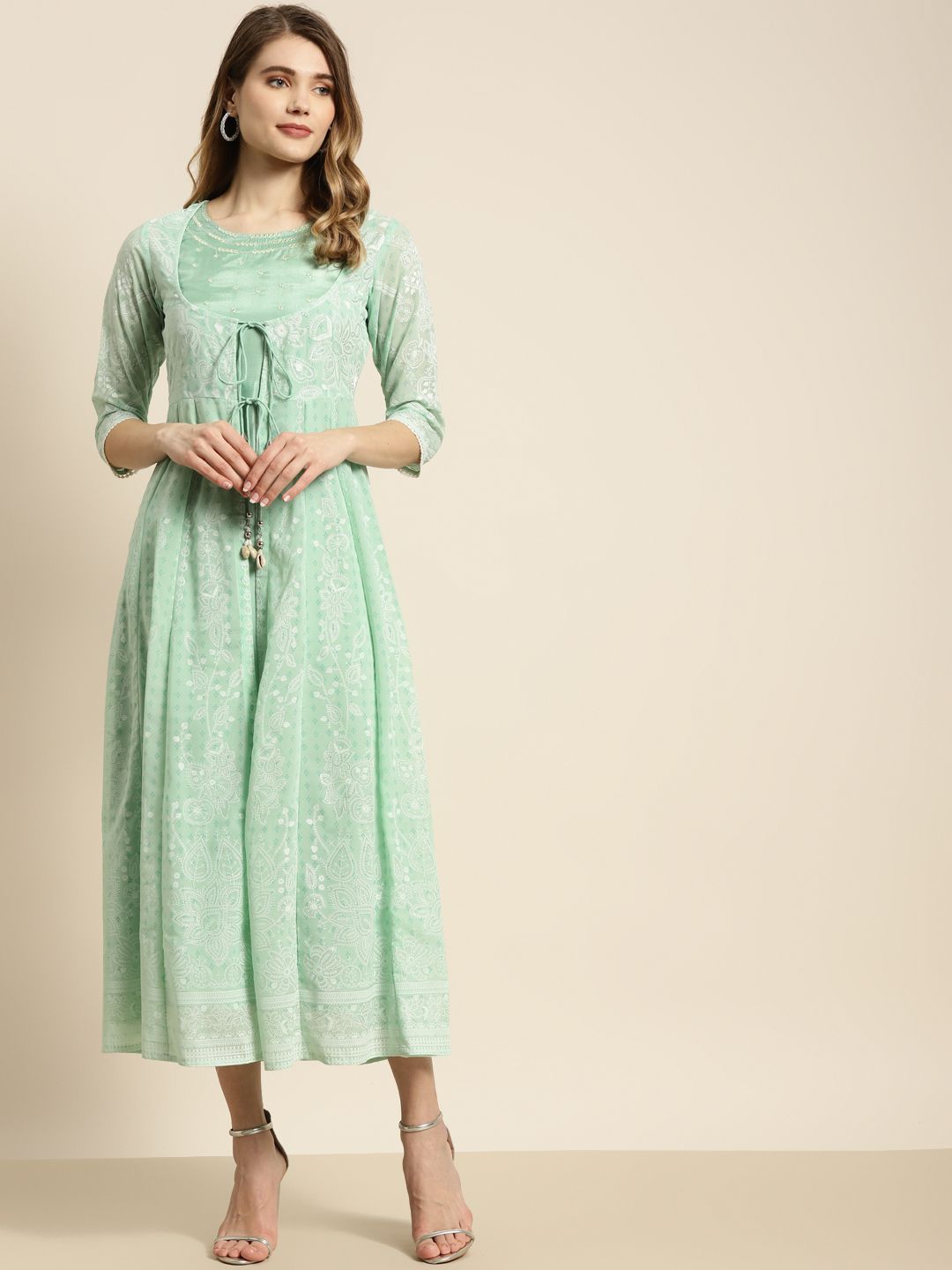 Juniper Mint Green & Silver Yoke Mirror Work A-Line Midi Dress with Ethnic Jacket Price in India