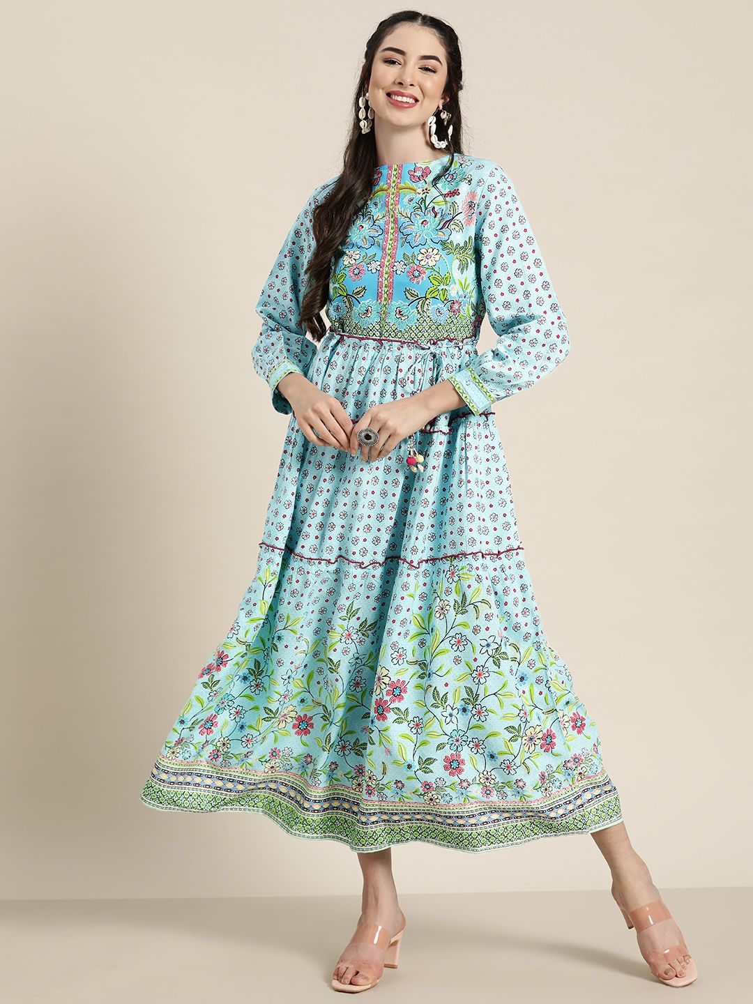 Juniper Women Blue Floral Printed Ethnic A-Line Tiered Dress with Tie-up Dori Price in India