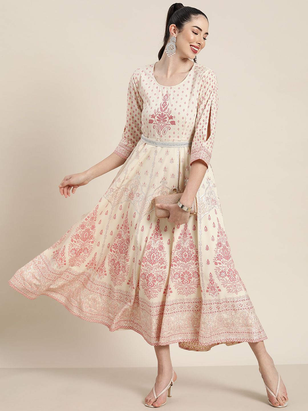 Juniper Pink & Gold Ethnic Motifs Print Crepe Midi Fit & Flare Dress with Belt Price in India