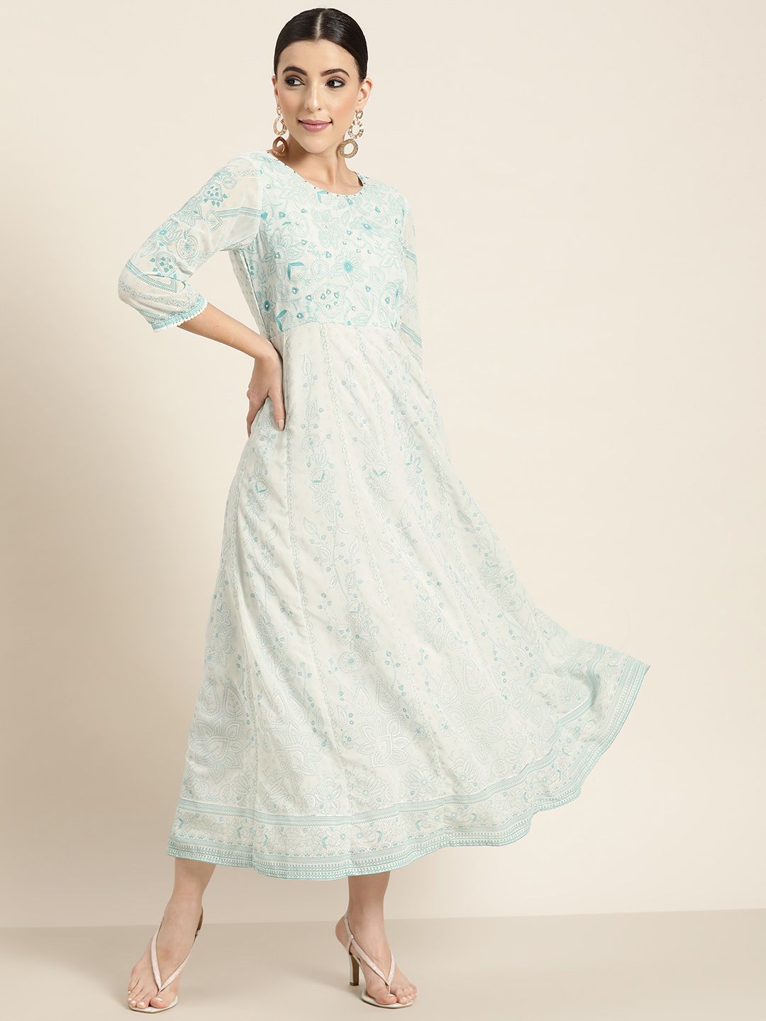Juniper Women Blue Ethnic Motifs Printed Sequinned Georgette Anarkali Dress Price in India