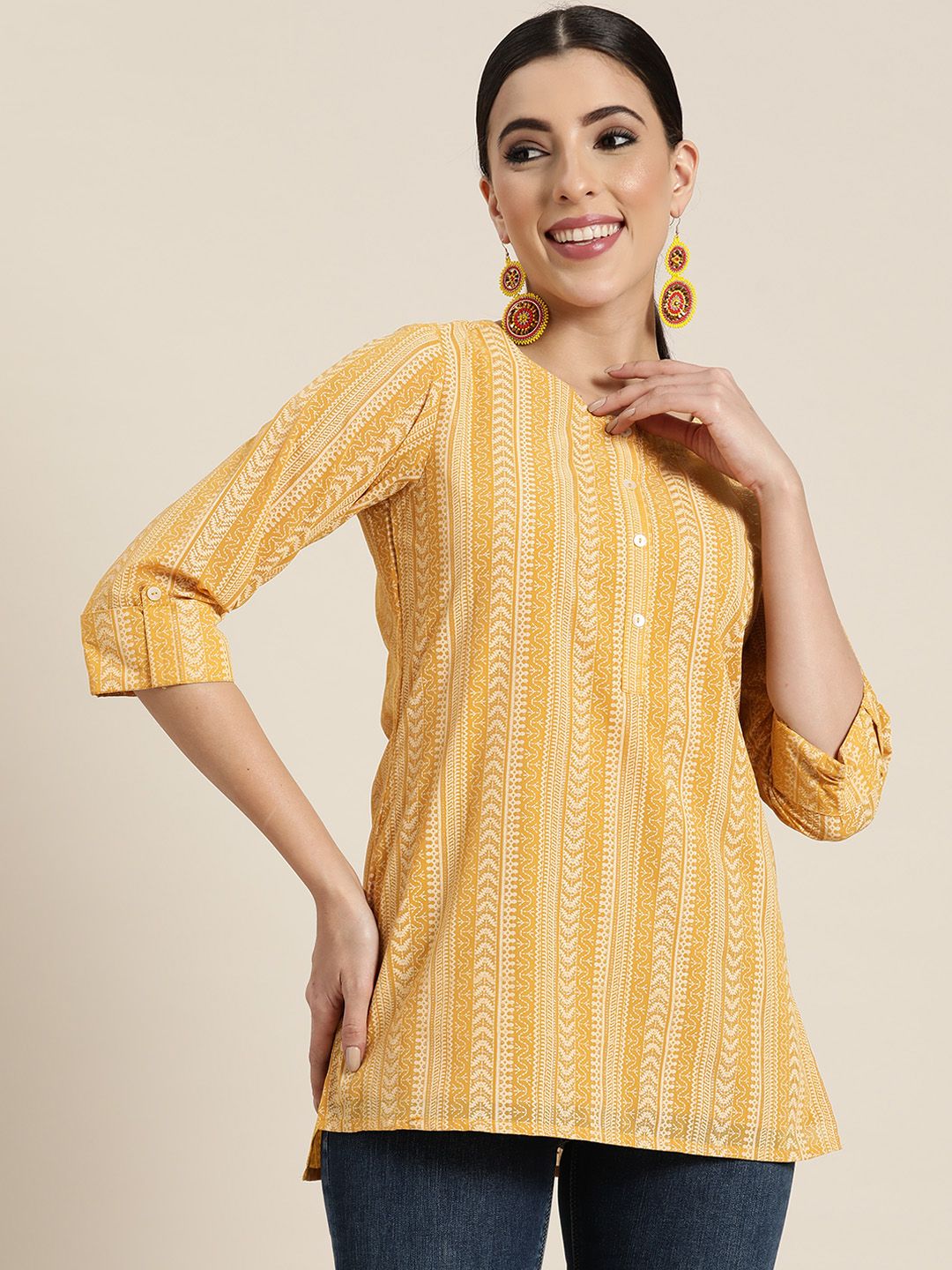 Juniper Women Mustard Yellow Striped Georgette Printed High-Low Tunic Price in India