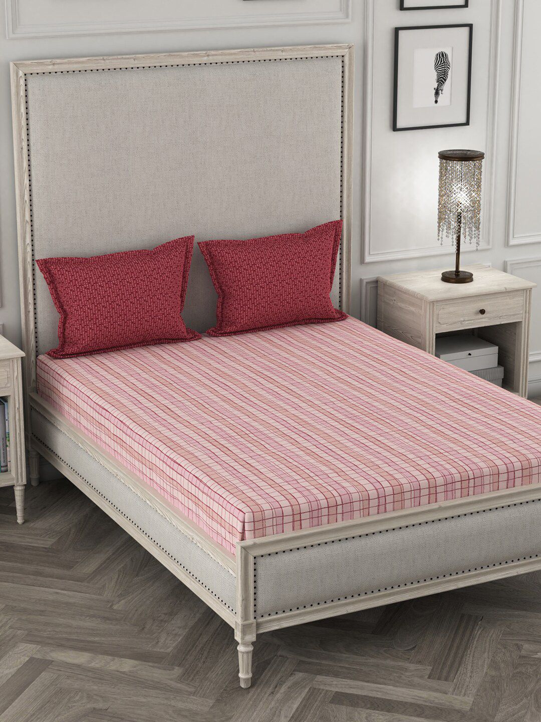 Trident Pink & Red Checked Cotton Double Bed Cover With Pillow Covers Price in India