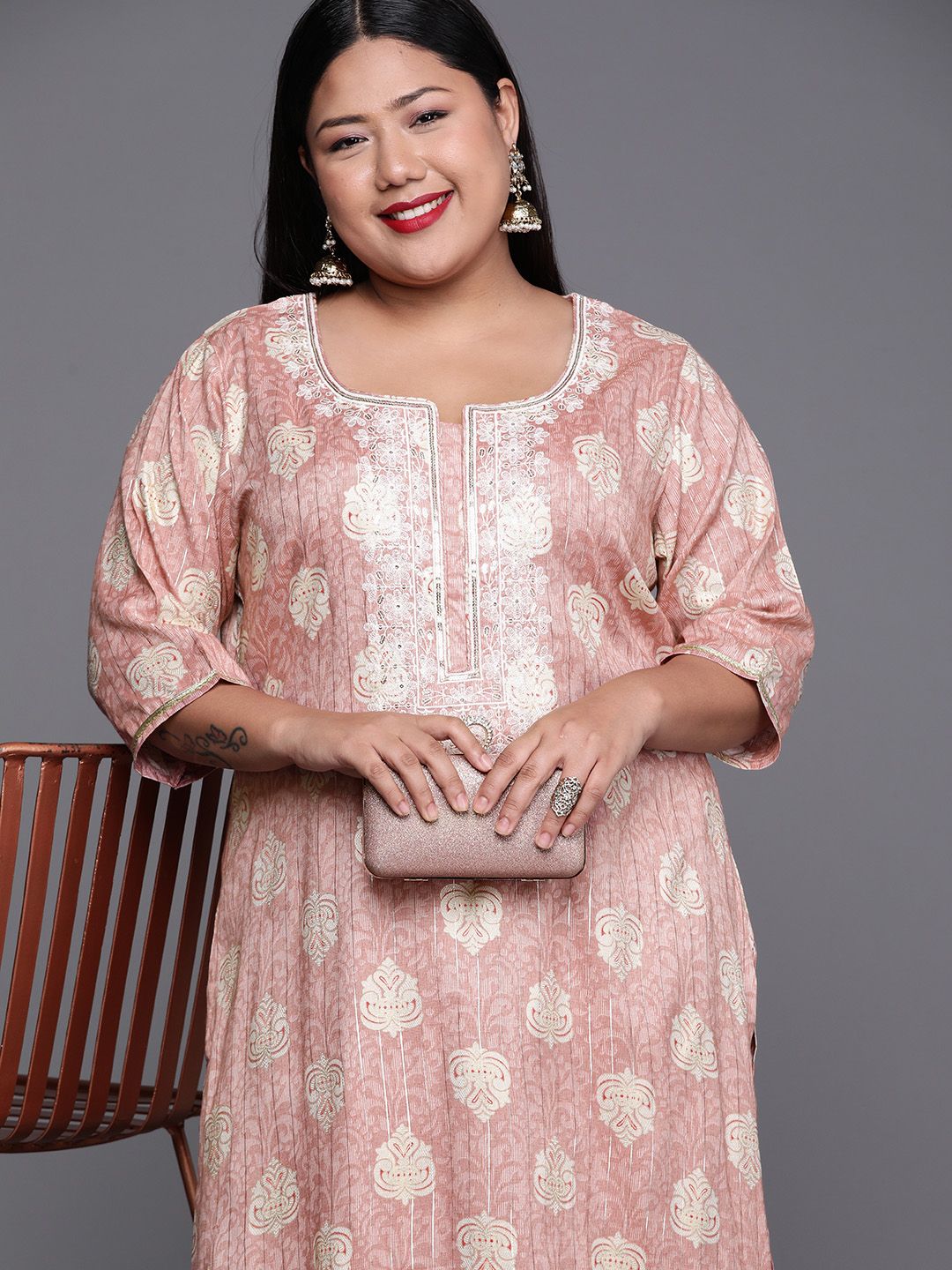 EXTRA LOVE BY LIBAS Plus Size Women Pink & White Floral Yoke Design Floral Kurta Price in India