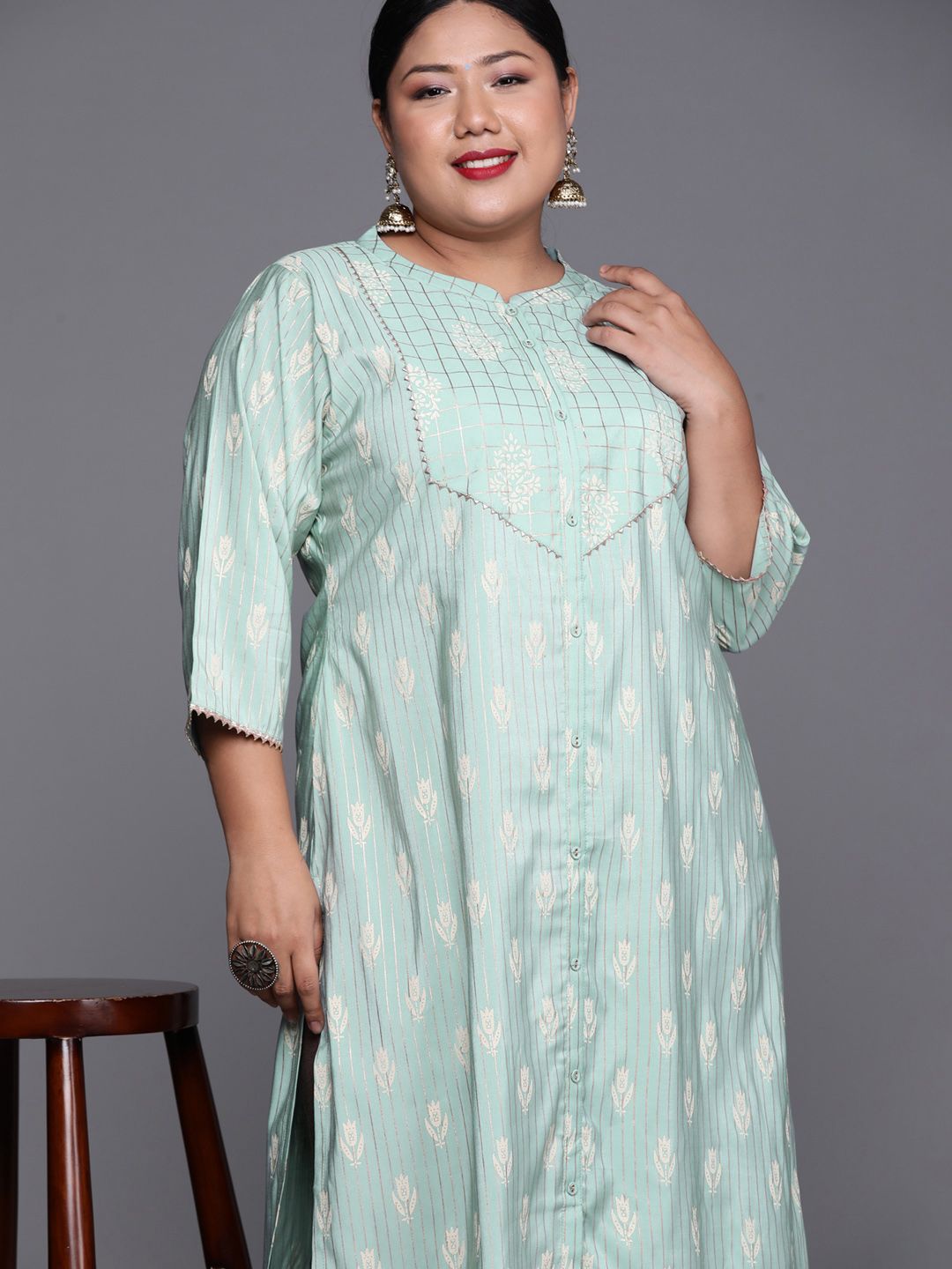 EXTRA LOVE BY LIBAS Women Plus Size Blue Ethnic Motifs Printed Chanderi Silk Kurta Price in India