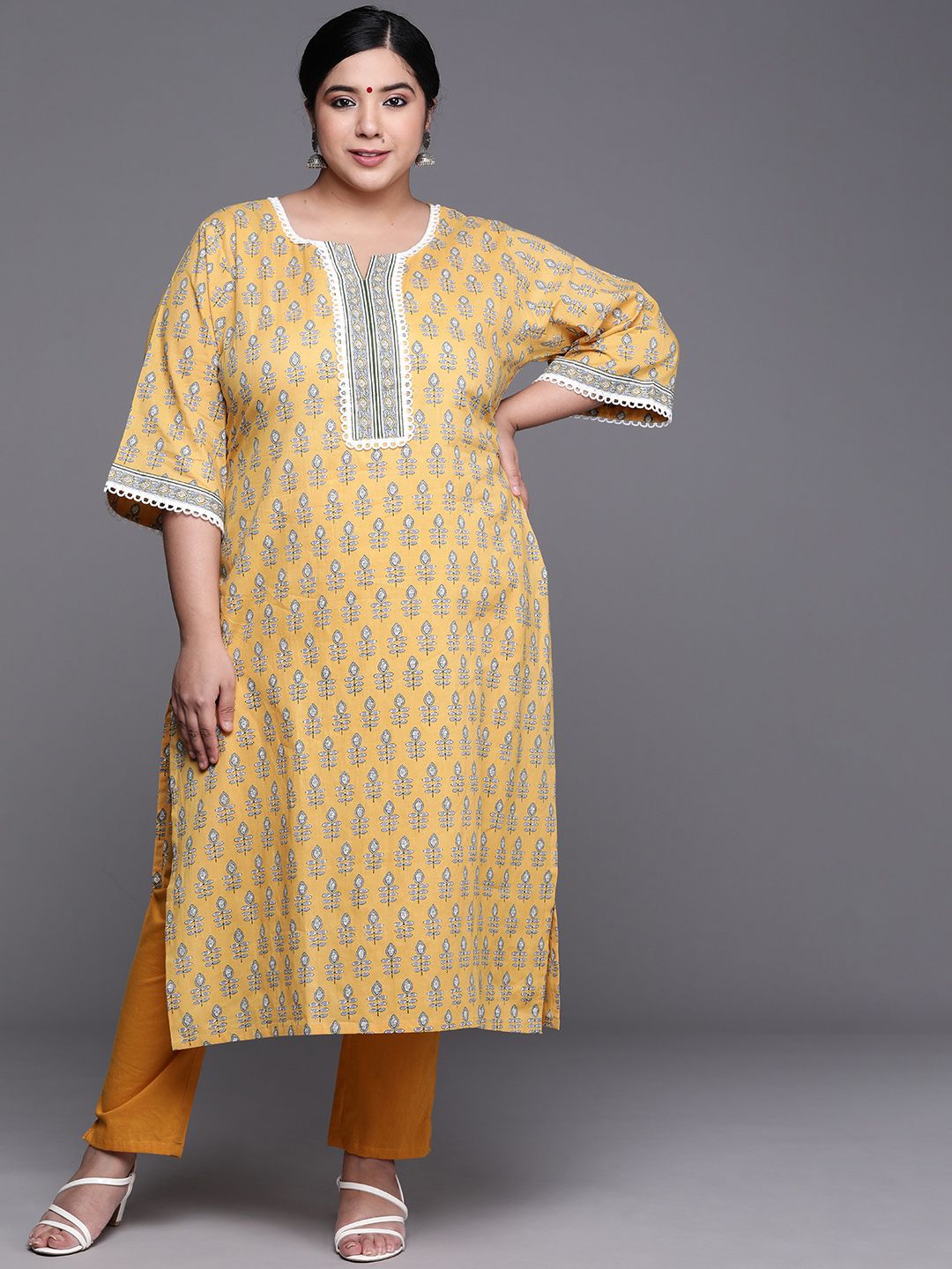 EXTRA LOVE BY LIBAS Plus Size Women Yellow & Blue Pure Cotton Floral Printed Floral Kurta Price in India