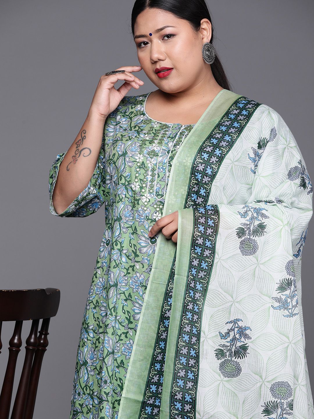 EXTRA LOVE BY LIBAS Women Plus Size Green Floral Print Kurta with Trousers & Dupatta Price in India