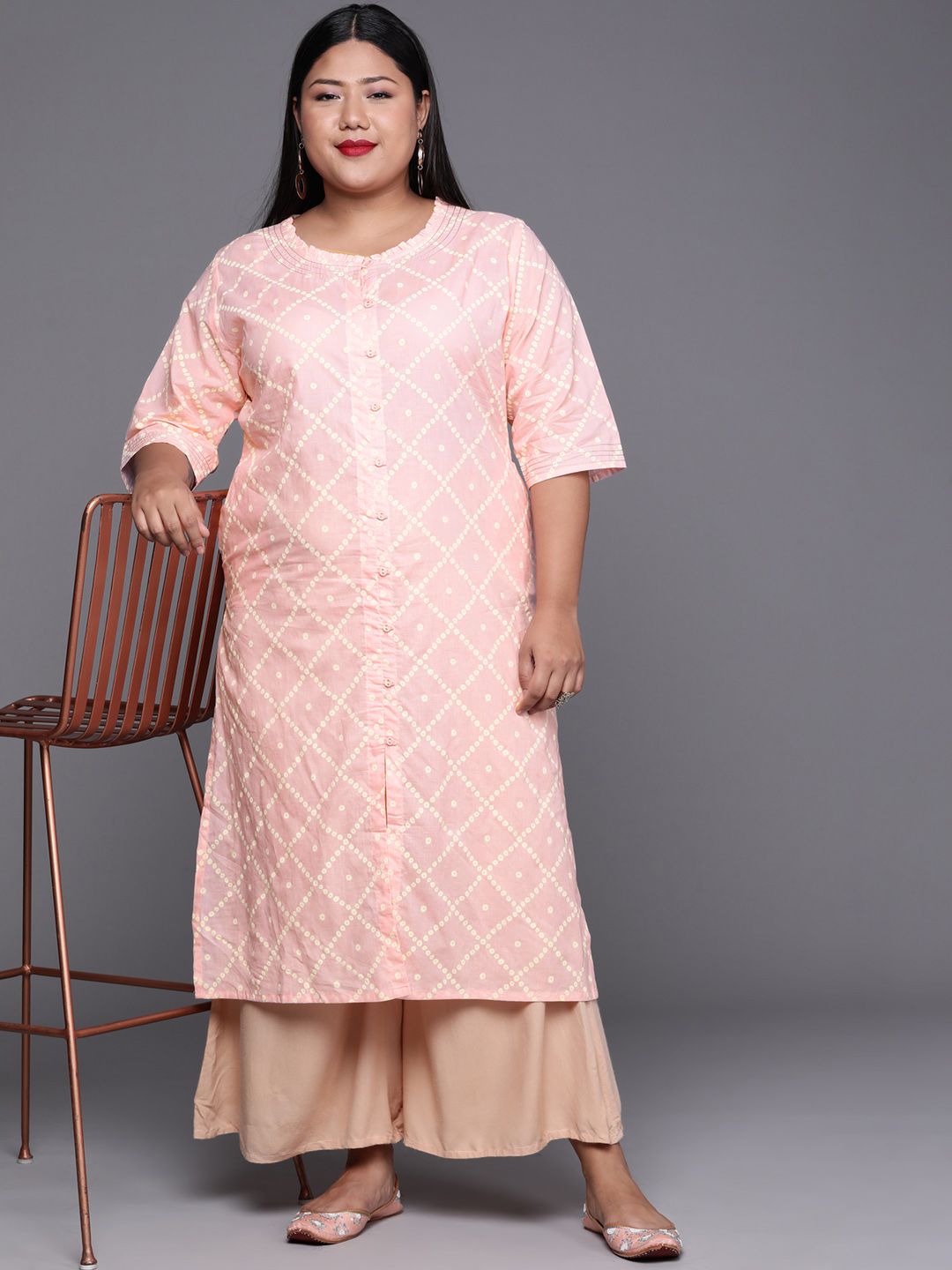 EXTRA LOVE BY LIBAS Women Plus Size Peach-Coloured Geometric Printed Pastels Kurta Price in India