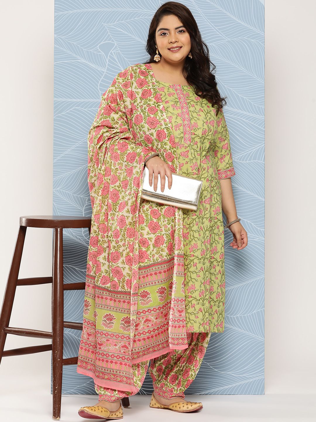 EXTRA LOVE BY LIBAS Women Green Floral Printed Pure Cotton Kurta with Salwar & With Dupatta Price in India
