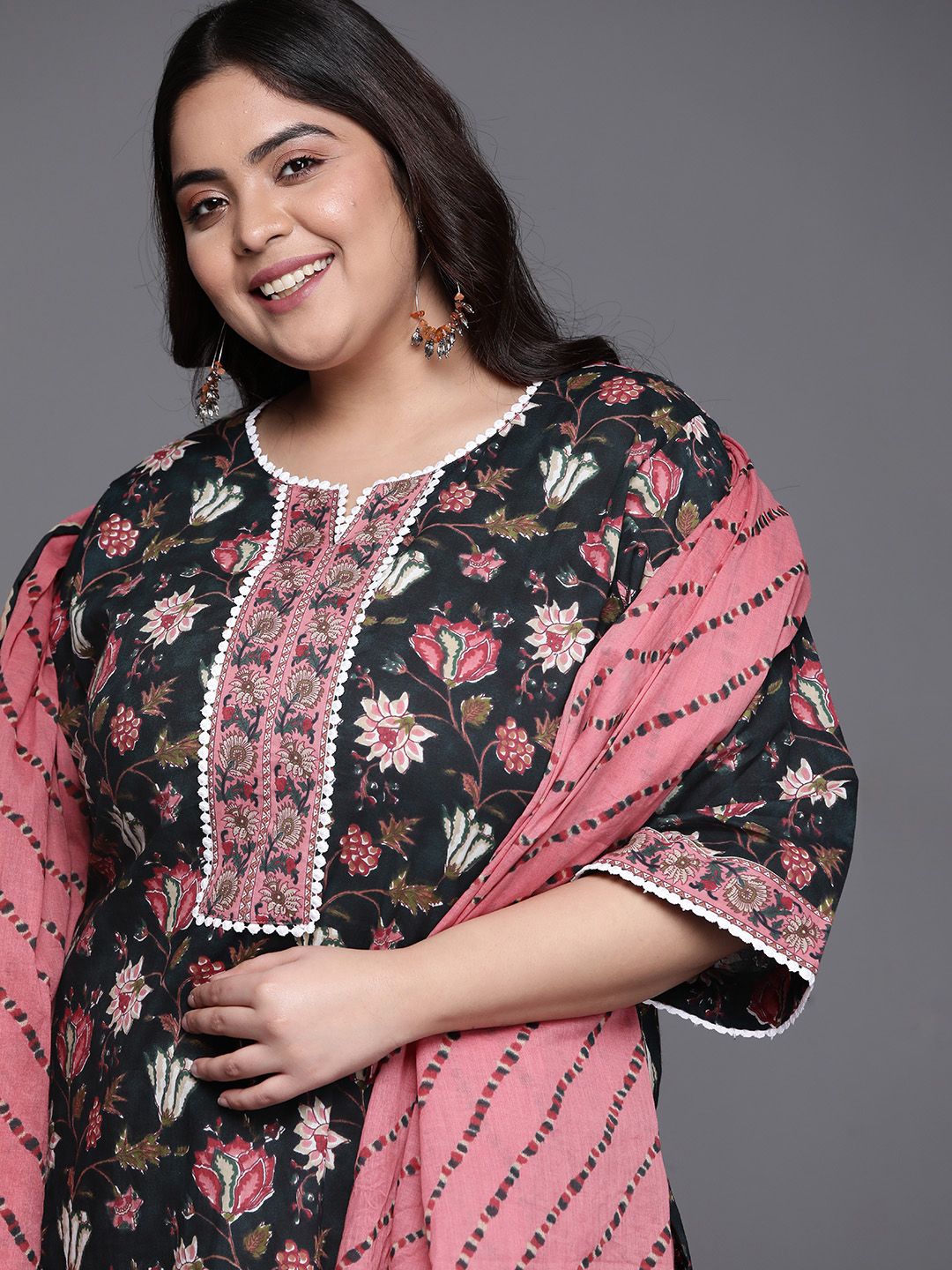 EXTRA LOVE BY LIBAS Women Plus Size Black Printed Kurta with Palazzos & With Dupatta Price in India