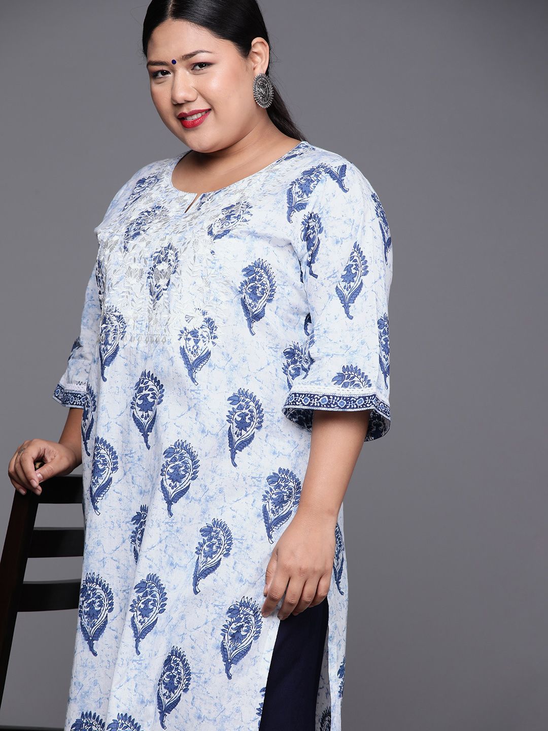 EXTRA LOVE BY LIBAS Plus Size Women White & Blue Pure Cotton Yoke Design Indigo Kurta Price in India