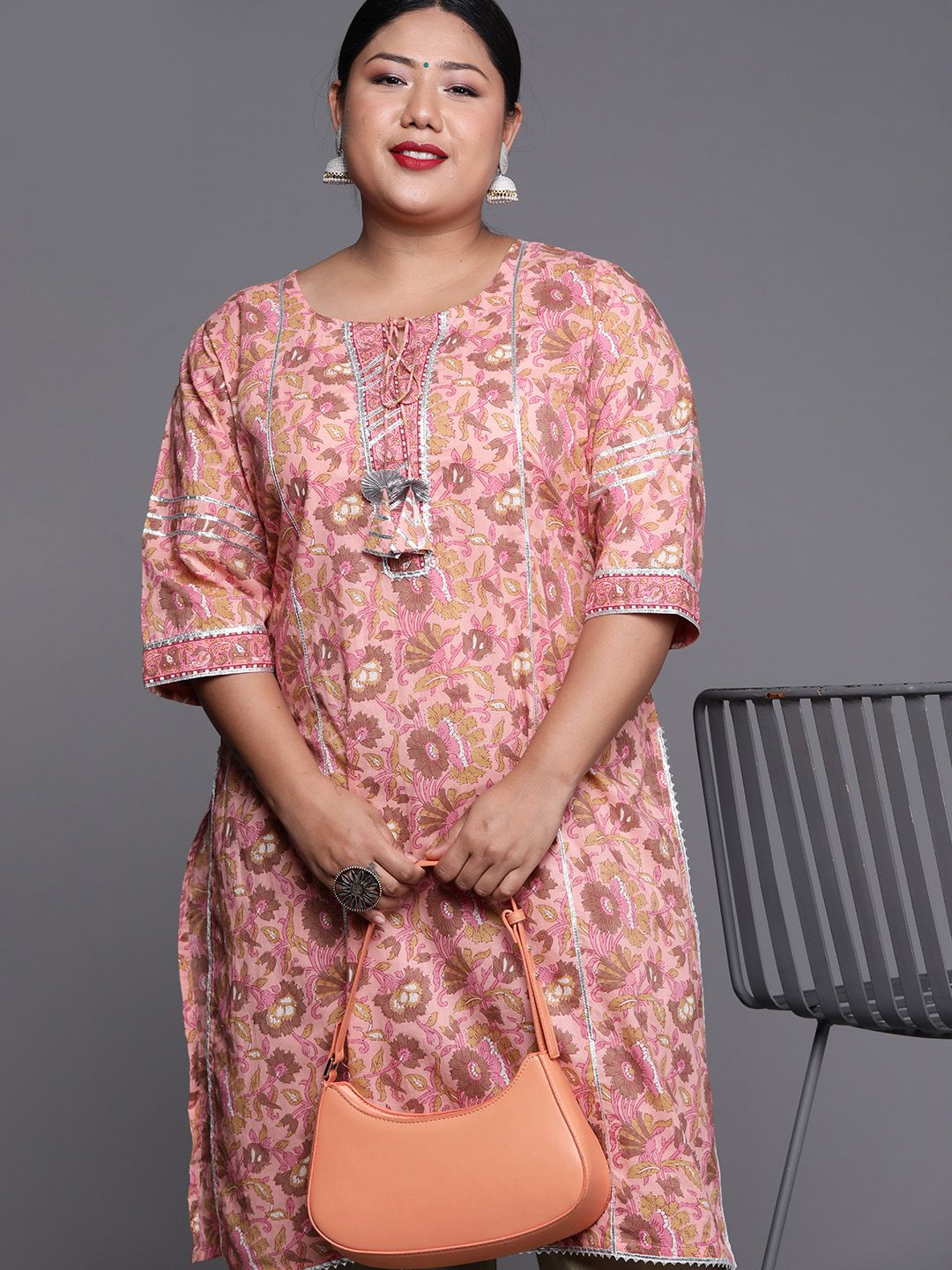 EXTRA LOVE BY LIBAS Plus Size Women Pink & Brown Pure Cotton Floral Printed Kurta Price in India