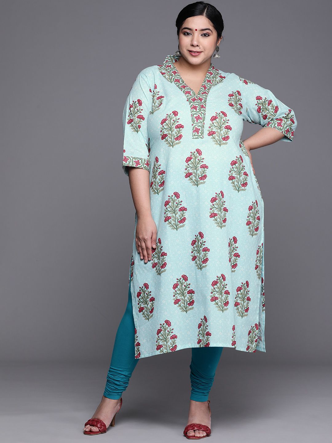 EXTRA LOVE BY LIBAS Plus Size Women Blue & Maroon Pure Cotton Floral Printed Kurta Price in India