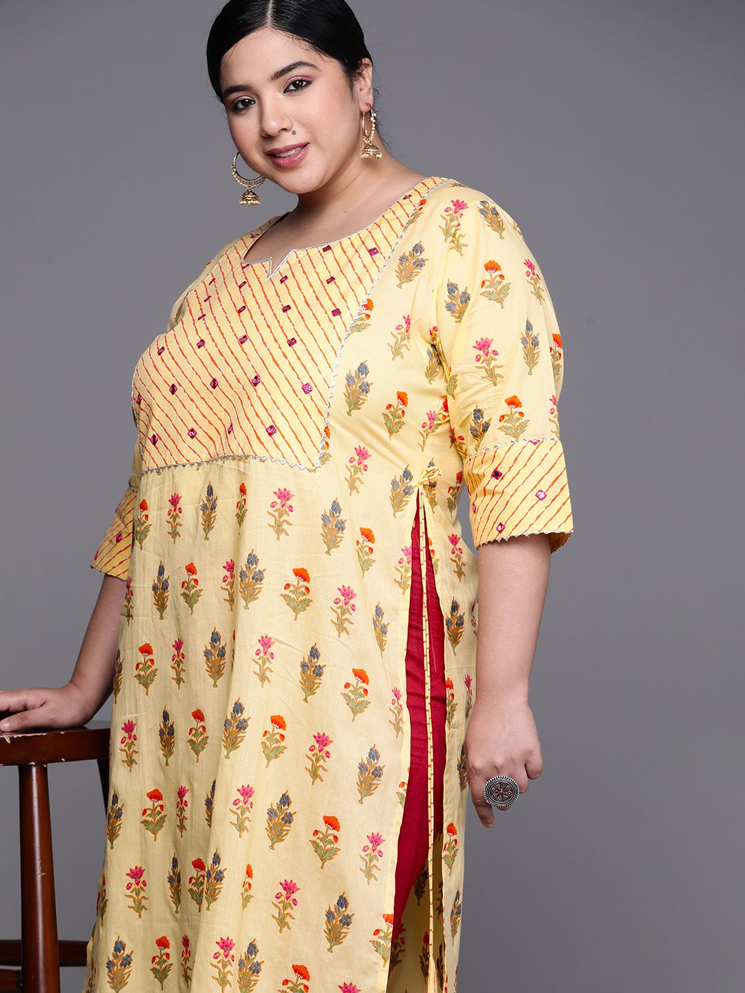 EXTRA LOVE BY LIBAS Plus Size Women Yellow & Green Ethnic Motifs Printed Mirror Work Kurta Price in India