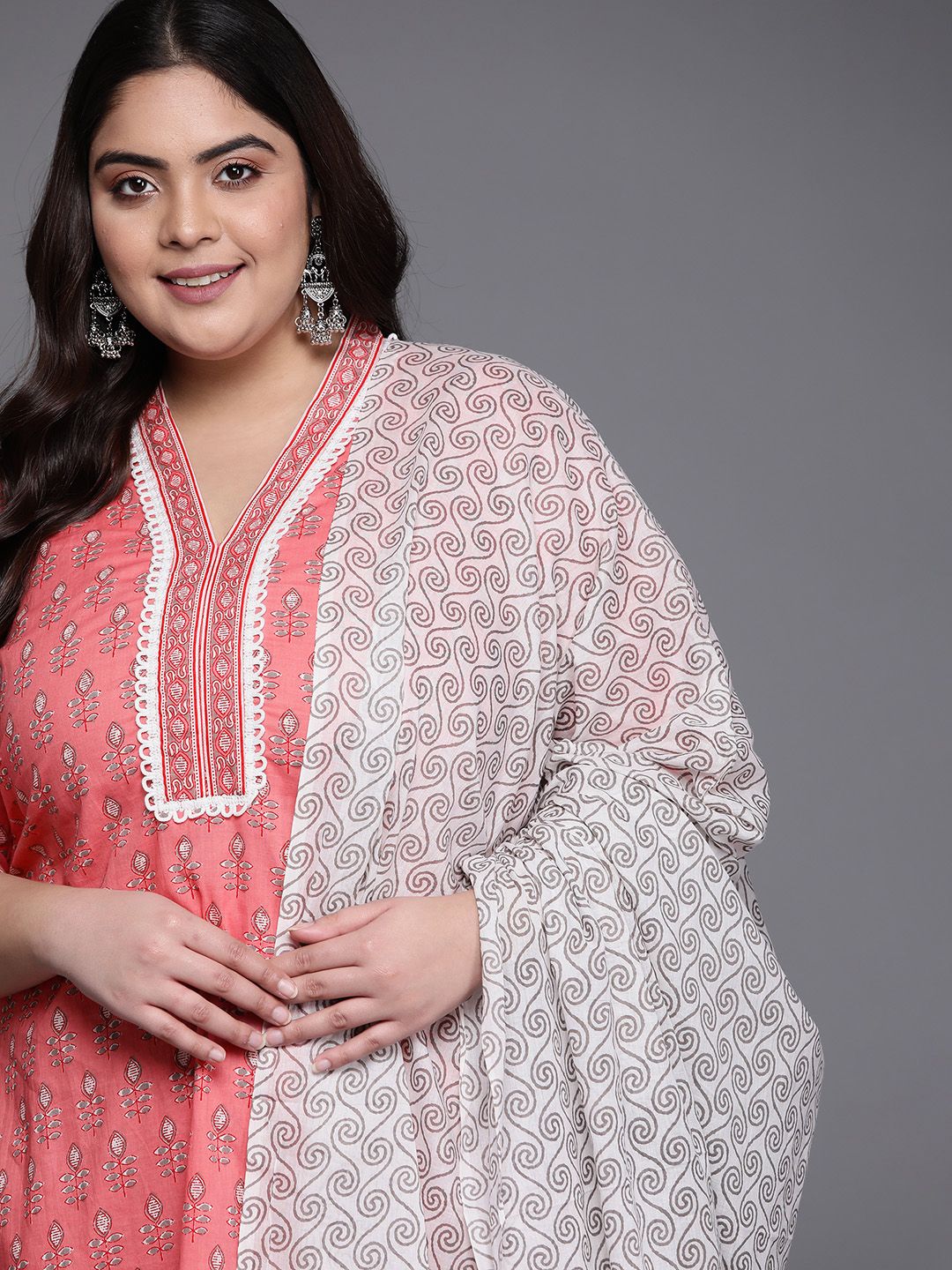 EXTRA LOVE BY LIBAS Women Plus Size Pink Printed Cotton Kurta with Palazzos & With Dupatta Price in India