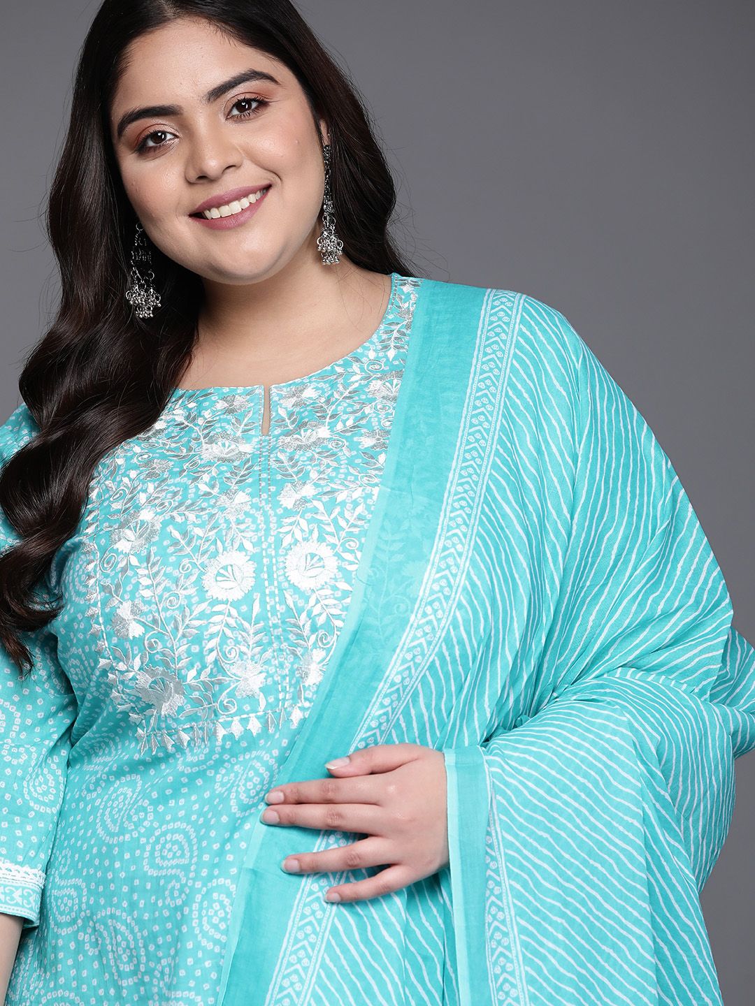 EXTRA LOVE BY LIBAS Women Plus Size Blue Printed Kurta with Trousers & With Dupatta Price in India