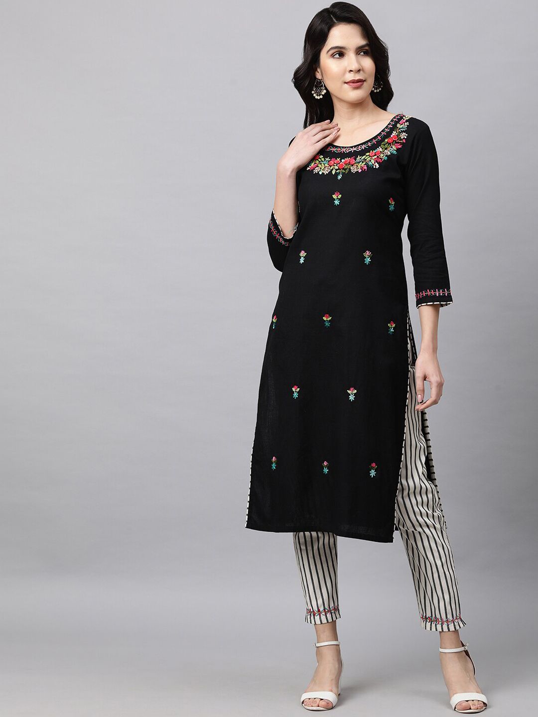 FASHOR Women Black Floral Embroidered Kurta with Trousers Price in India