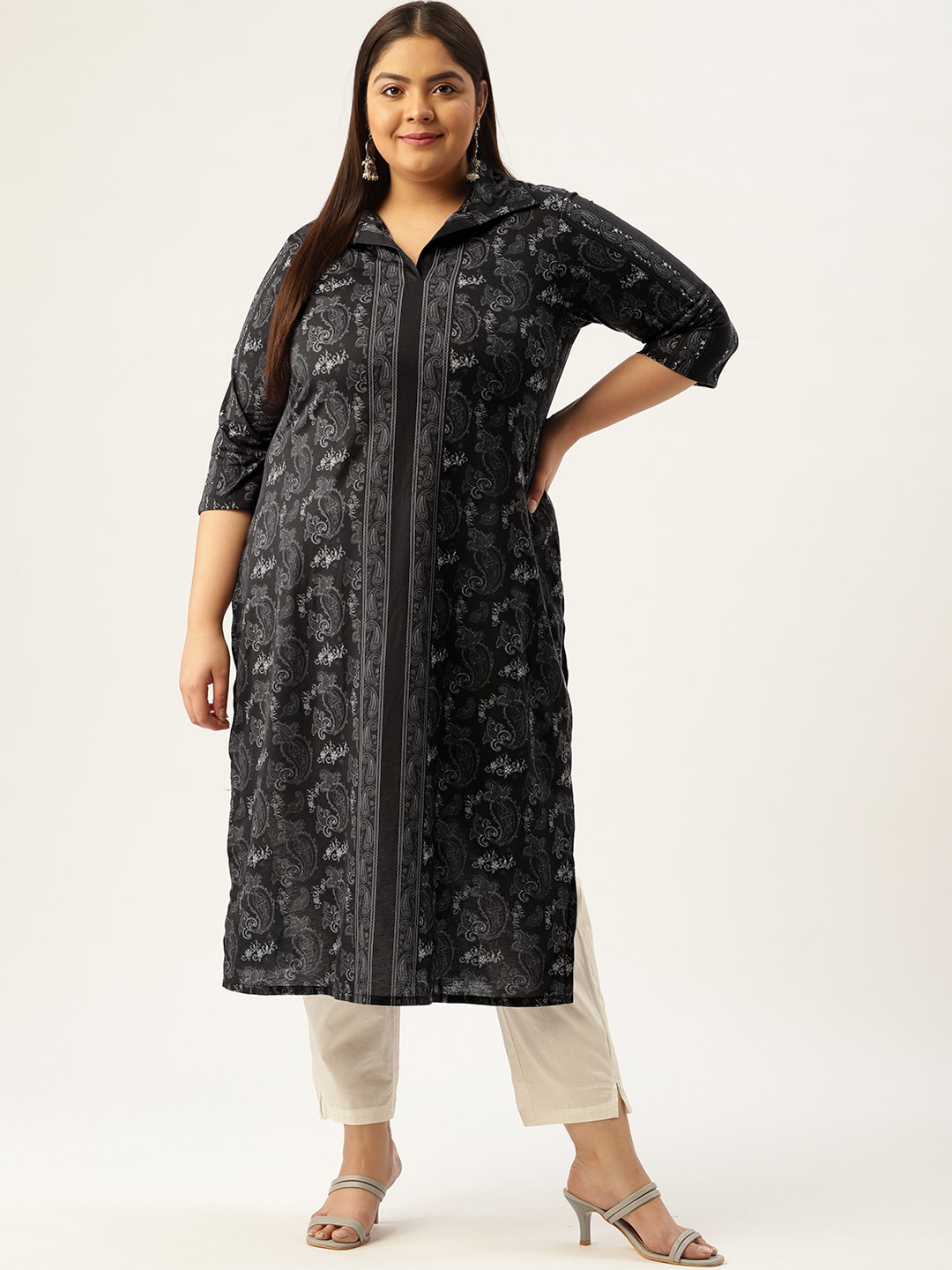 Amydus Plus Size Black Paisley Printed Shirt Collar Kurta Price in India