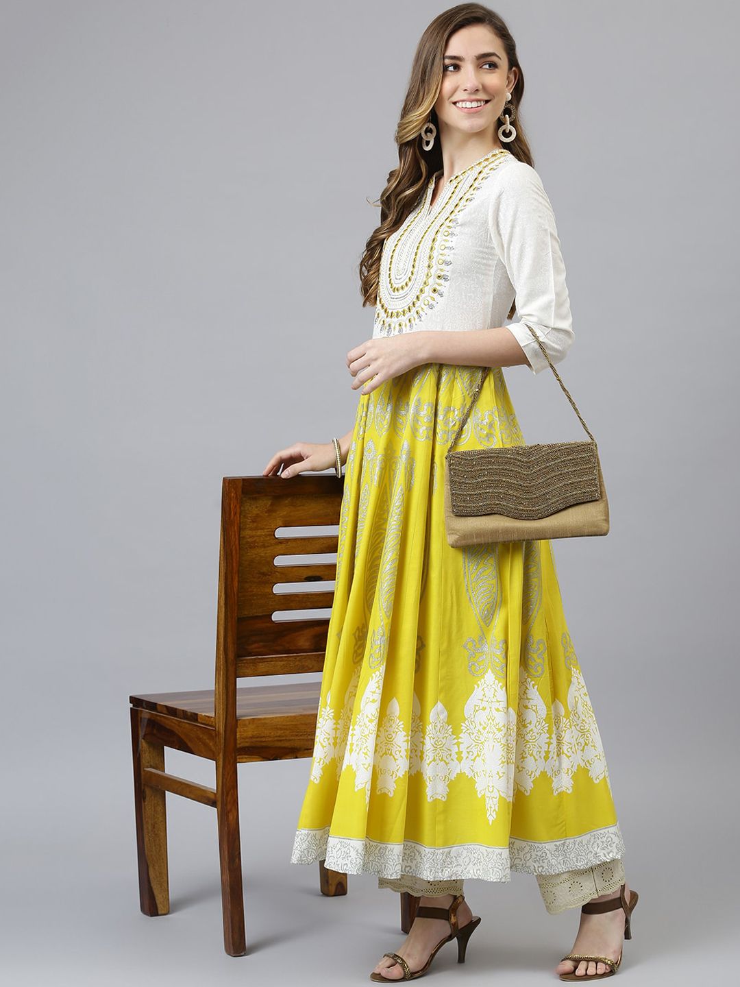 Khushal K Women Yellow & White Ethnic Motifs Printed Thread Work Cotton Anarkali Kurta Price in India