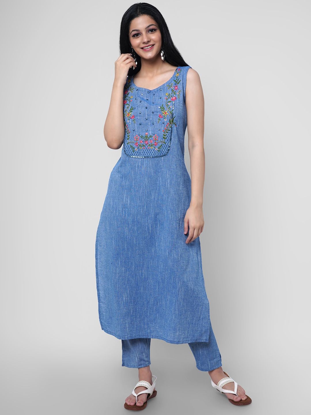 KALINI Women Blue Floral Yoke Design Thread Work Pure Cotton Kurta with Trousers Price in India