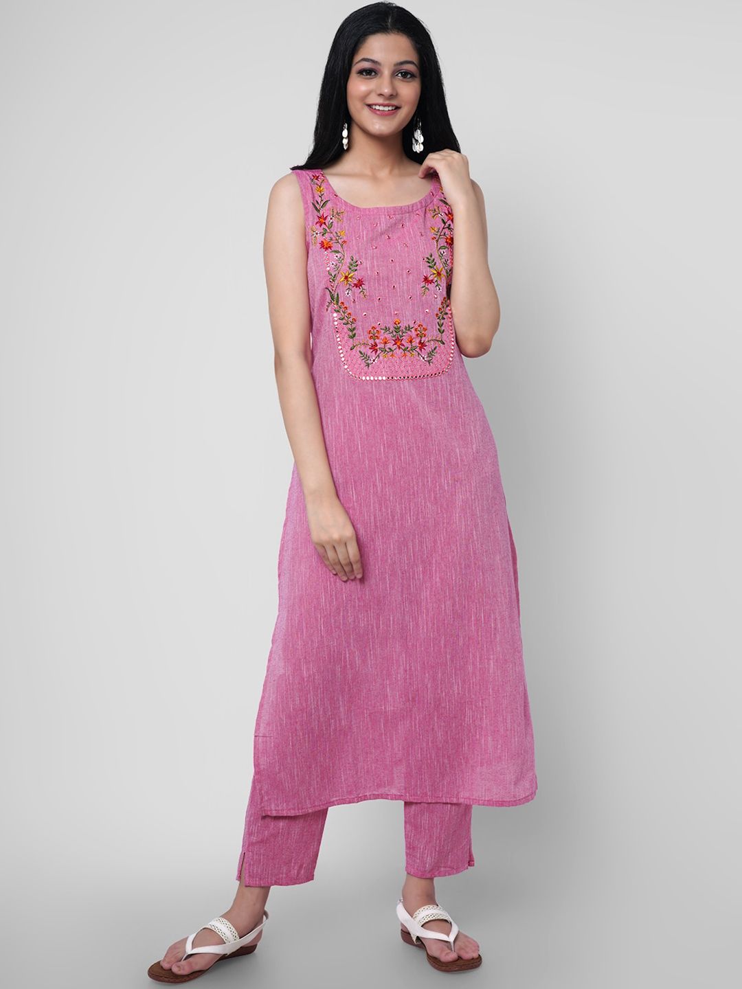 KALINI Women Pink Floral Embroidered Mirror Work Pure Cotton Kurta with Trousers Price in India