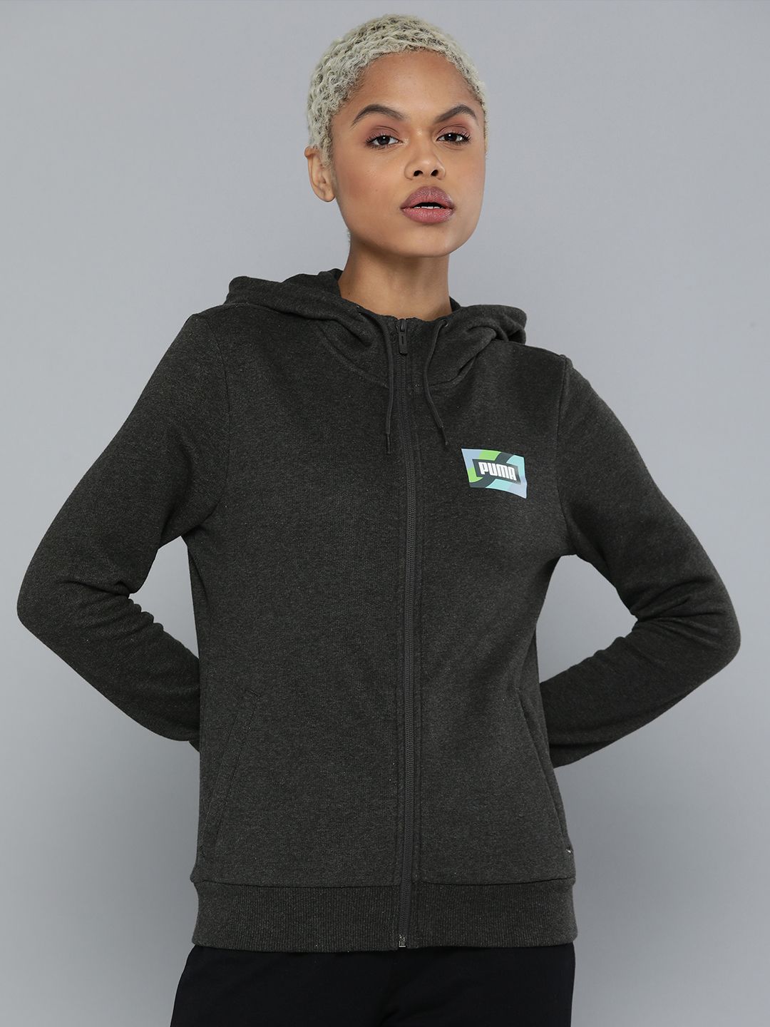 Puma Women Grey  Brand Logo Hooded Sporty Jacket Price in India