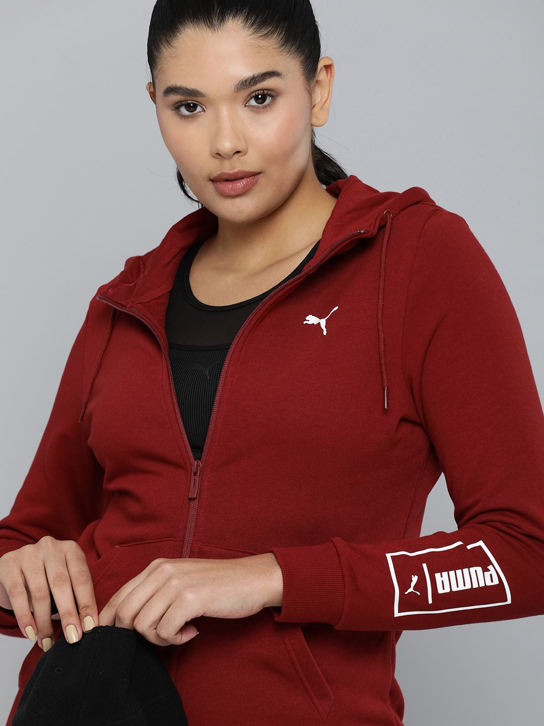 Puma Women Intense Red Solid Hooded Dry CELL Technology Regular Sporty Jacket Price in India