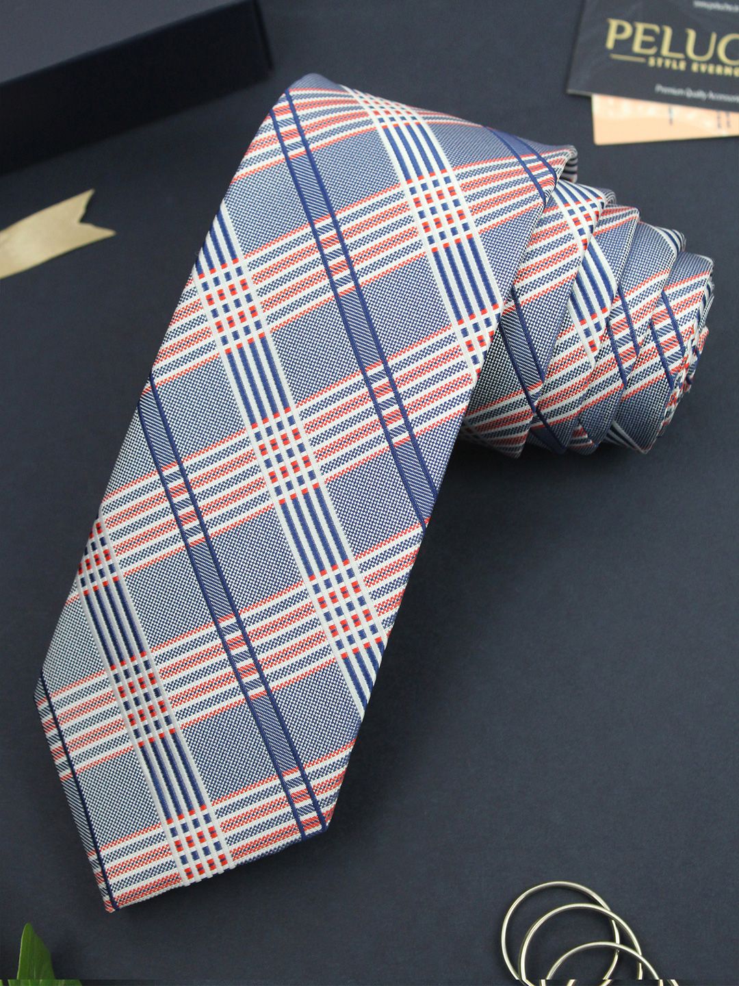 PELUCHE Men Blue & Orange Checked Skinny Tie