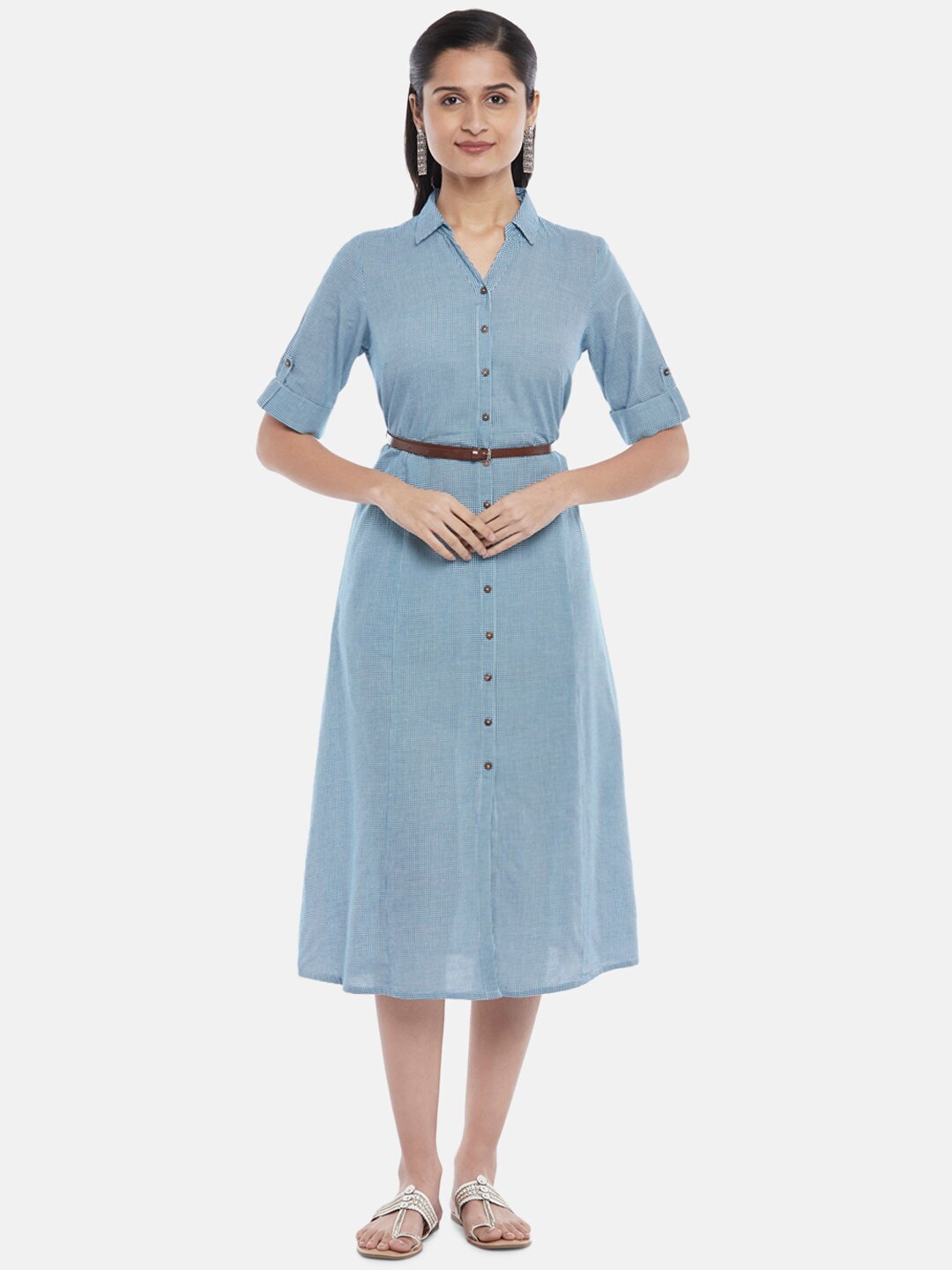 AKKRITI BY PANTALOONS Navy Blue Checked Pure Cotton Shirt Midi Dress Price in India