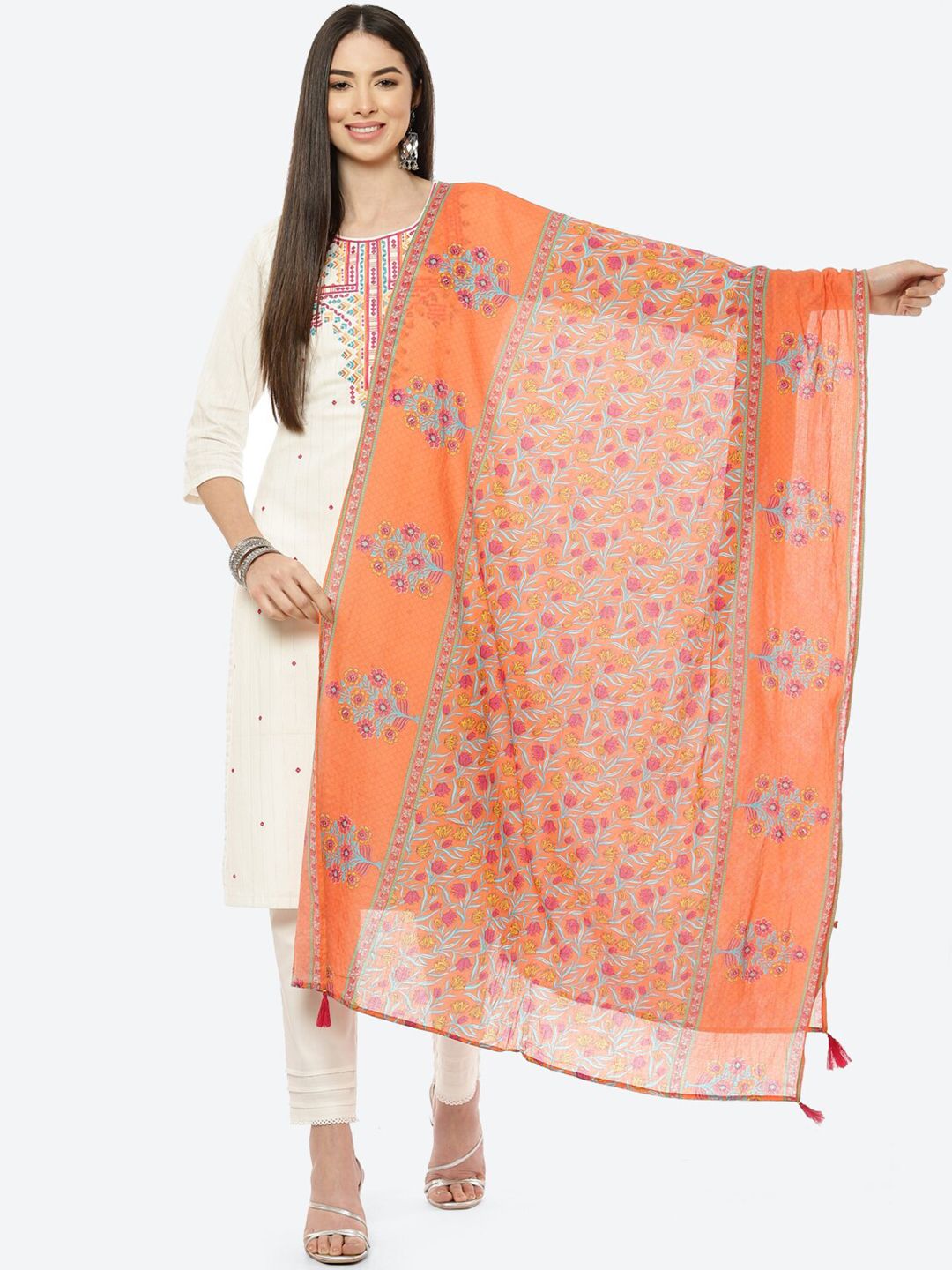 Rangriti Women Orange & Blue Printed Dupatta Price in India