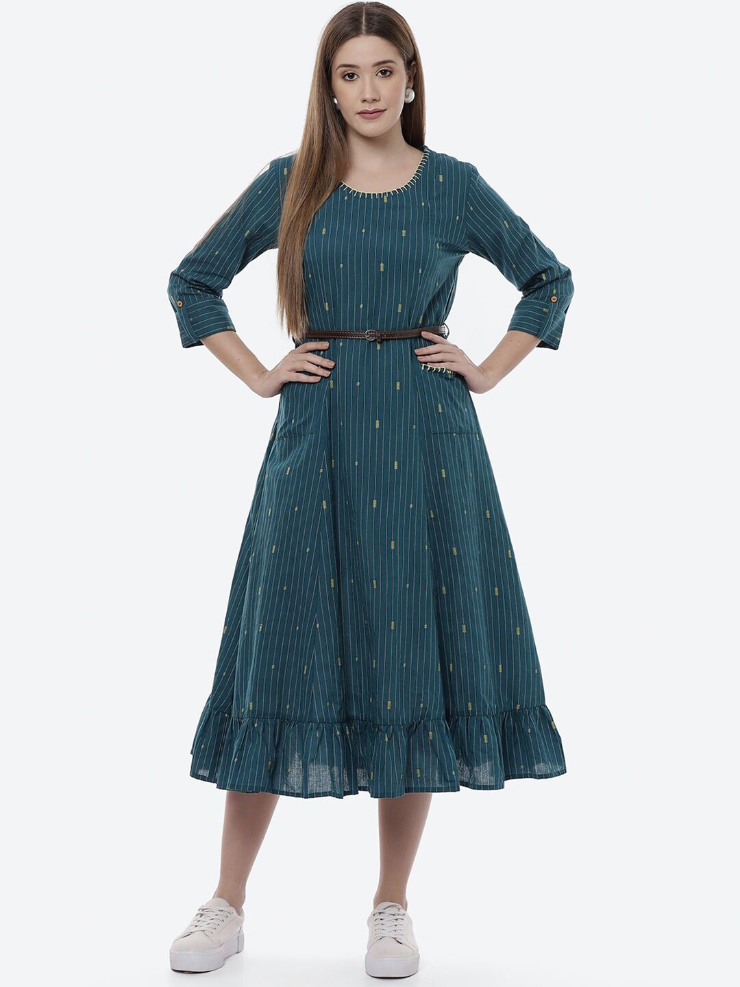 Rangriti Green Striped Midi Fit & Flare Dress Price in India