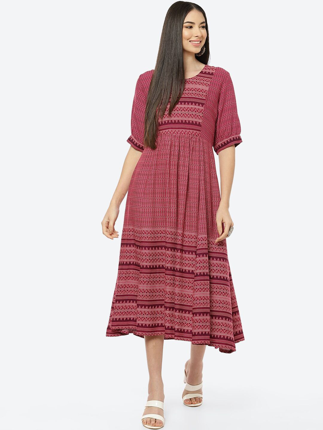 Rangriti Maroon Ethnic Fit and Flare Midi Dress Price in India