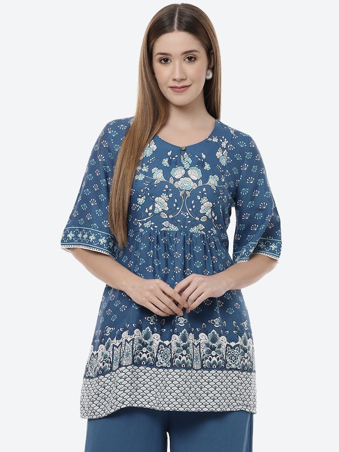Rangriti Navy Blue Print Top
