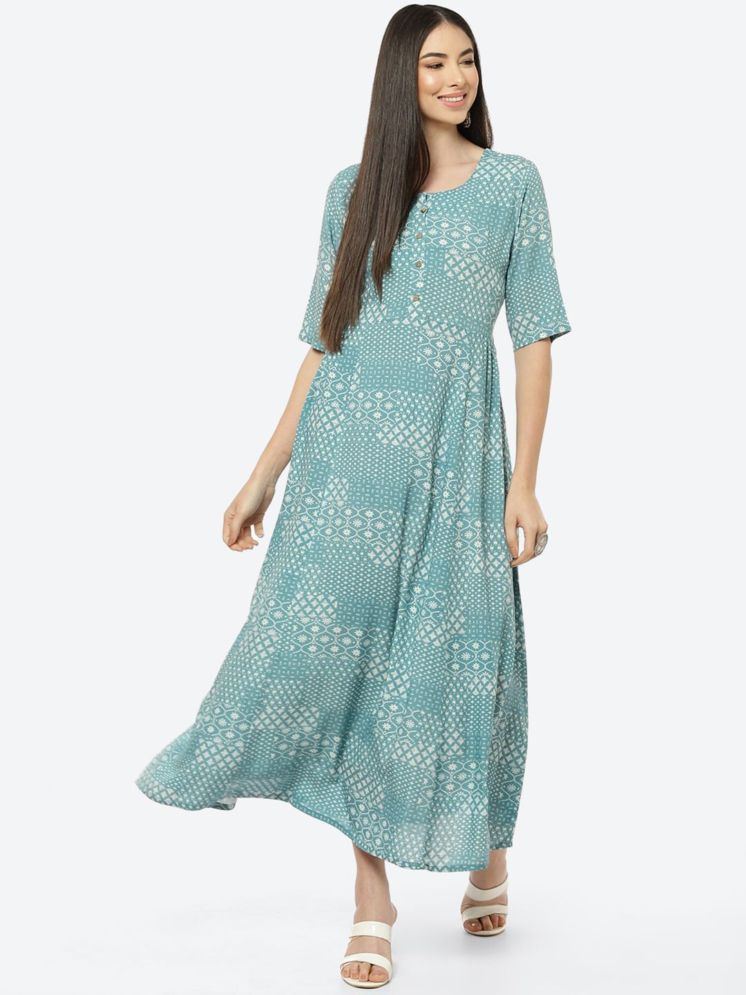 Rangriti Grey & Blue Ethnic Motifs Ethnic Maxi Dress Price in India