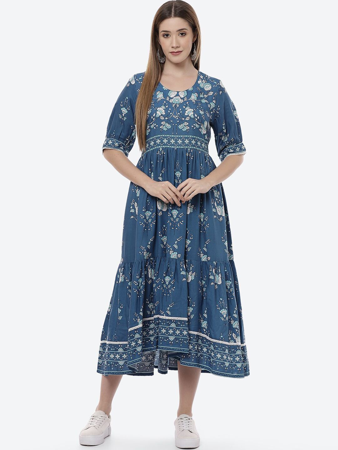 Rangriti Woman Navy Blue Floral Ethnic Midi Dress Price in India