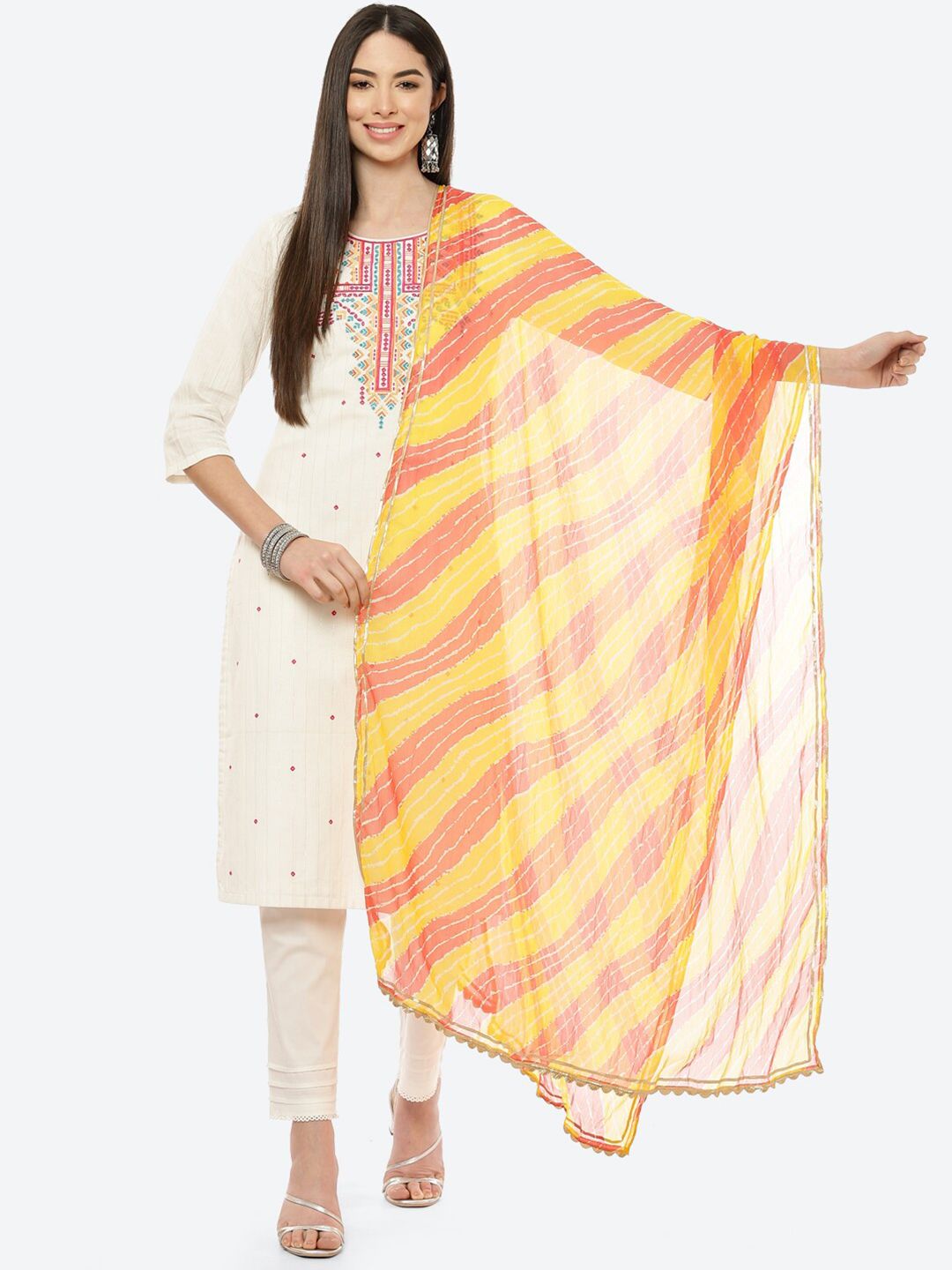 Rangriti Yellow & Pink Printed Striped Dupatta Price in India