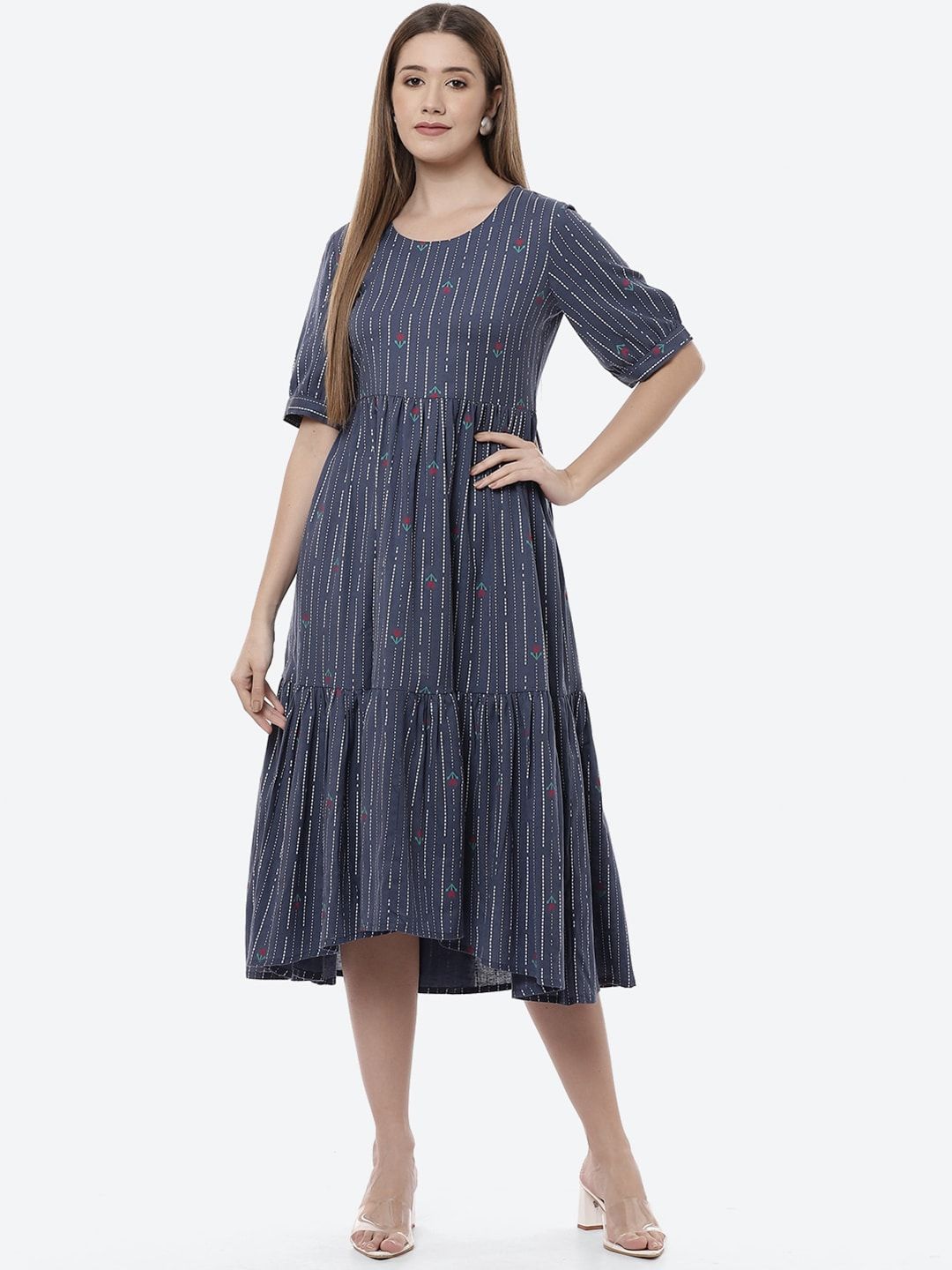 Rangriti Woman Navy Blue Striped Ethnic A-Line Midi Dress Price in India