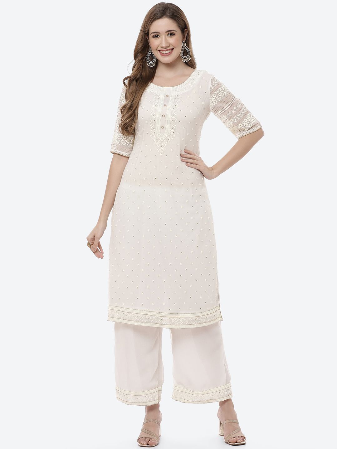 Rangriti Women Off White Thread Work Kurta Price in India