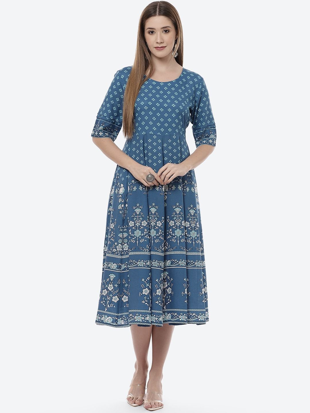 Rangriti Blue & White Ethnic Motifs Printed Ethnic Midi Dress Price in India
