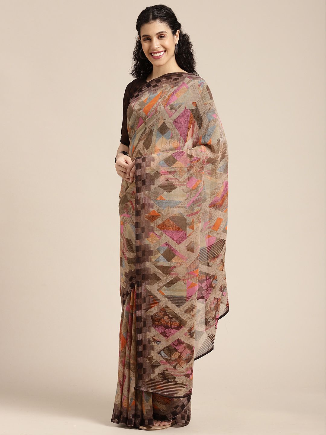 KALINI Brown & Orange Abstract Printed Pure Georgette Saree