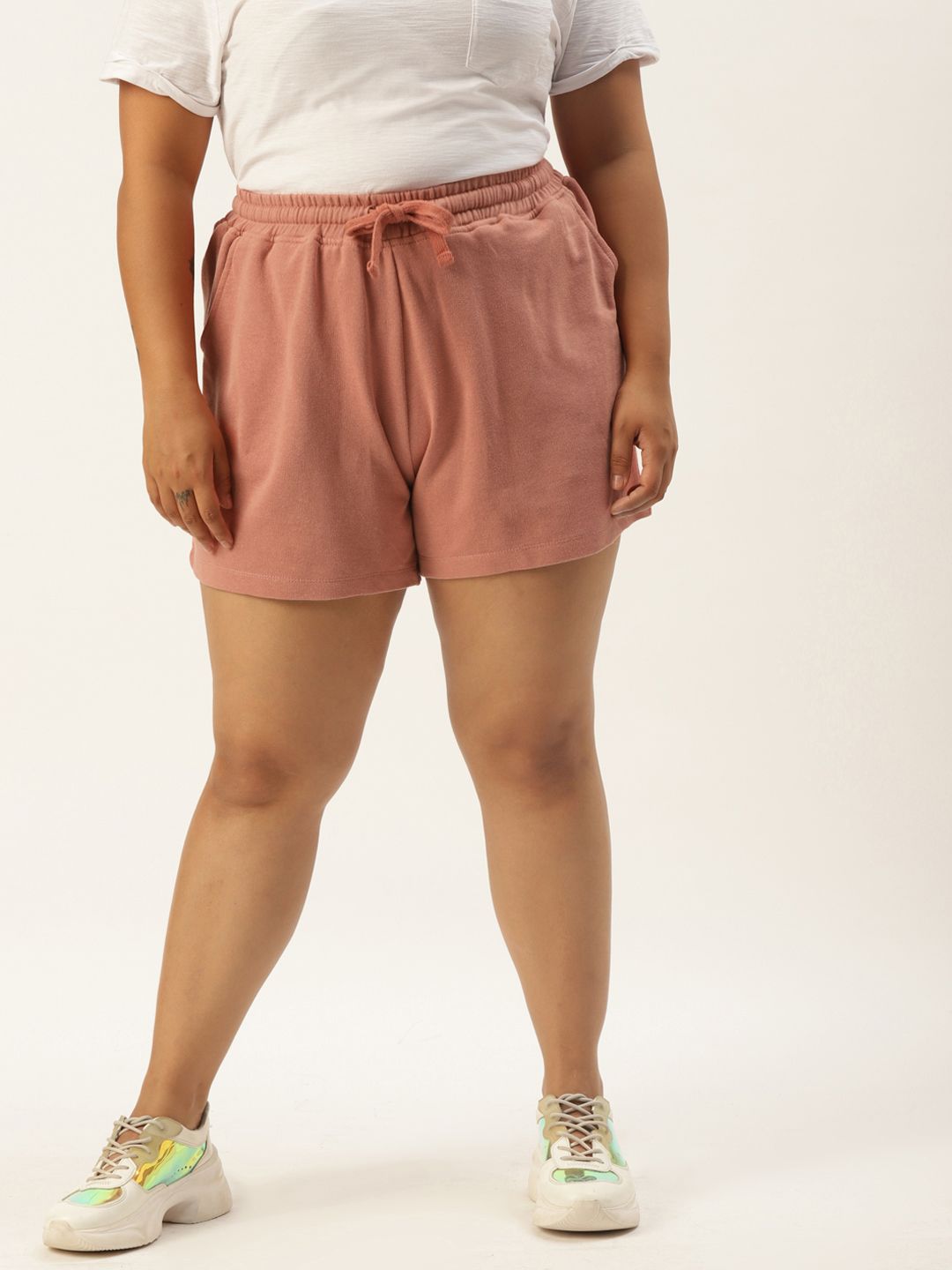 Rute Women Plus Size Dusty Pink Solid Cotton Shorts