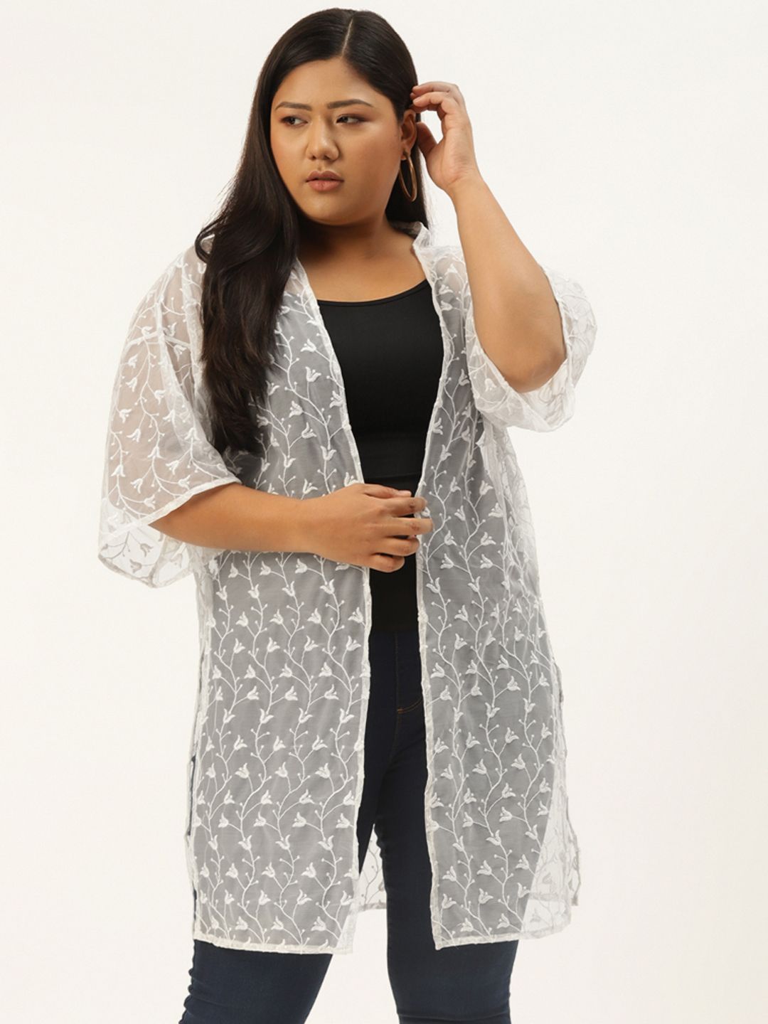 Rute Women Plus Size White Longline Lace Shrug Price in India