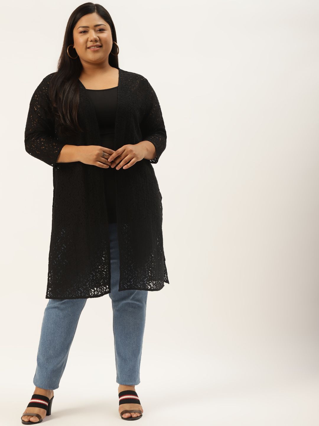 Rute Women Plus Size Black Longline Cotton Lace Shrug Price in India