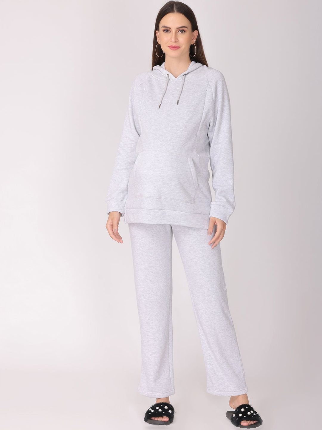 The Mom Store Women Grey Solid Maternity & Nursing Hoodie Night Suit Price in India