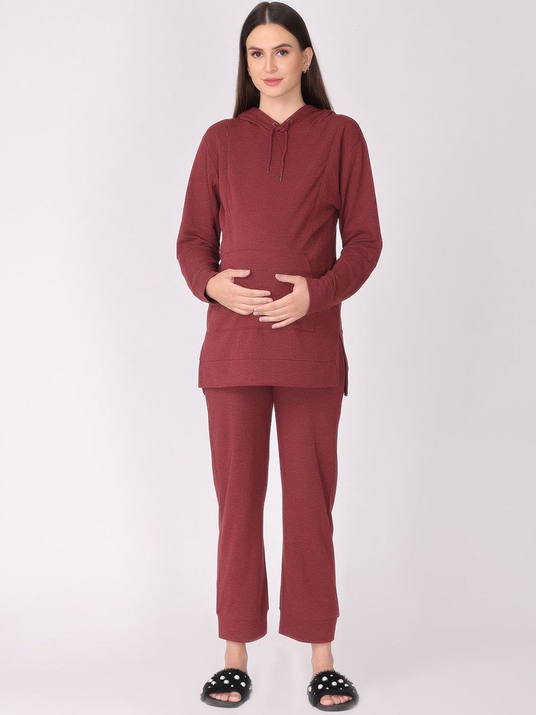 The Mom Store Women Maroon Maternity & Nursing Hoodie Night suit Price in India